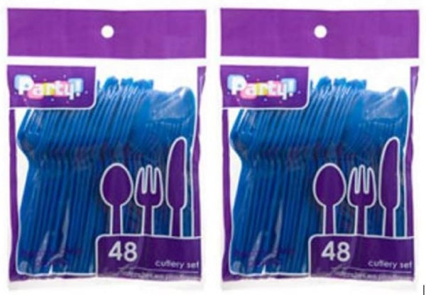 Blue Heavy Duty Plastic Cutlery Sets - 32 Spoons, 32 Forks, 32 Knives - 2 Packs of 48 Each, Total 96 Pcs