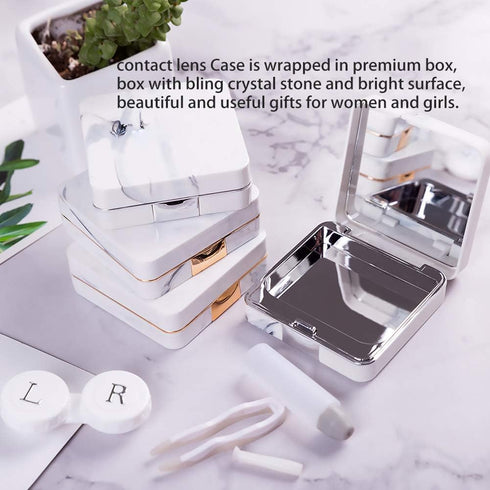Contact Lens Case, Marble Travel Kit with Remover Tool, Mirror, Tweezers & Solution Bottle for Women & Girls (Grey)