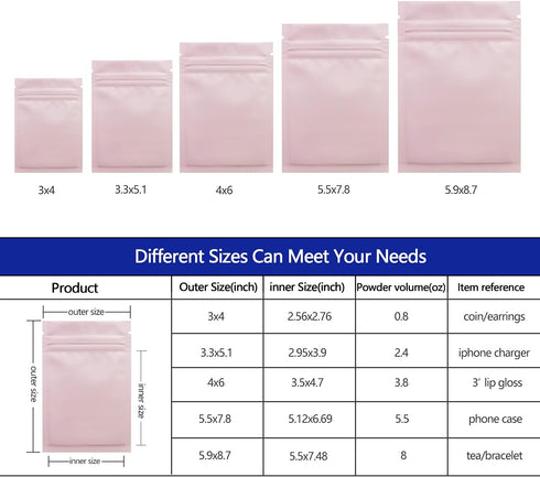 100 Pack Resealable Mylar Bags 3.3 x 5.1 Inch Smell Proof Foil Pouch with Clear Window (Pink)