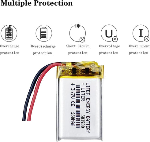 Liter Energy 3.7V Lipo Battery 250mAh Rechargeable Lithium Polymer with Two Lines (501730)