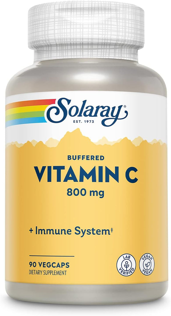 SOLARAY Buffered Vitamin C 800mg w/Rose HIPS & Acerola, 90 VegCaps, Immune Function & Skin Support