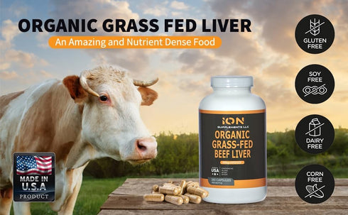 Ion Supplements LLC 100% (180 Organic Grass Fed Beef Liver Capsules Caps) - Pasture Raised - Iron, Vitamin A, B