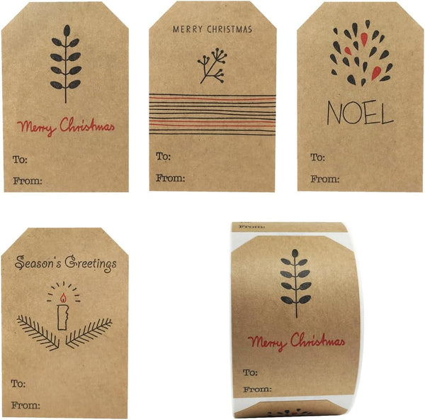 Boho Christmas Gift Tag Adhesive Stickers – 2 x 3 Inch Labels, Roll of 100 with Minimalist Designs, Made in USA