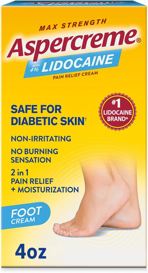 Aspercreme Odor Free Lidocaine Foot Pain Relief Cream - 4 oz., Safe for Diabetic Skin