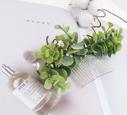 Wedding Bridal Camellia Hair Comb, Ranunculus Green Leaf Floral Clip Headpiece 2033