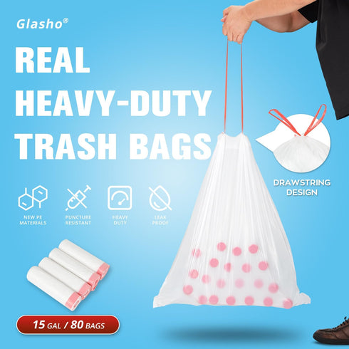 80 Count Ultra Thick Heavy Duty Plastic 15 Gallon Drawstring Trash Bags, White Leak Proof Garbage Bags