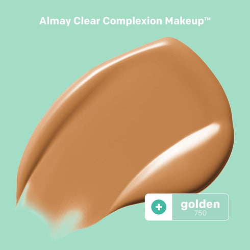 Almay Clear Complexion Acne Foundation Makeup with Salicylic Acid - Lightweight, Medium Coverage, Hypoallergenic, Fragrance-Free, for Sensitive Skin, 750 Golden, 1 fl oz.