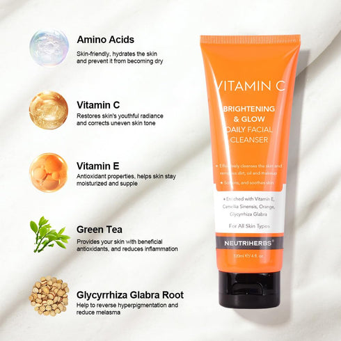 Neutriherbs Vitamin C Face Wash, Daily Cleanser with Aloe & Hyaluronic Acid for All Skin Types, 120ml