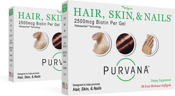 Wellgenix Purvana Hair, Skin, and Nails Vitamin - Double Strength 2500mcg Biotin Softgels for High Absorption (30