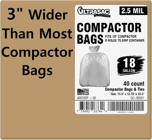 Ultrasac 18 Gallon Compactor Bags | 40 Pack with Ties | Heavy Duty 2.5 MIL | Compatible with Whirlpool