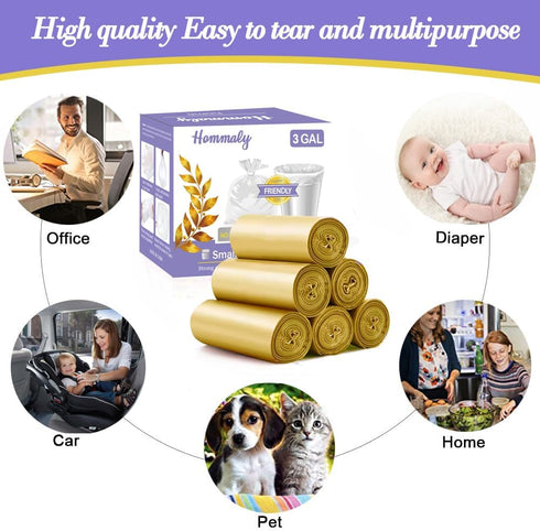 3 Gallon Small Gold Trash Bags, 180pcs, Fit 2.6-3.2 Gal, Strong Plastic Garbage Bags for Bathroom Bin Liners