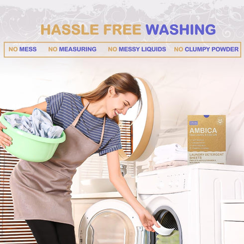 Ambica Travel Laundry Detergent Sheets, 30 Sheets, Non-Toxic, Hypoallergenic, Plant-Based, Up to 60 Loads