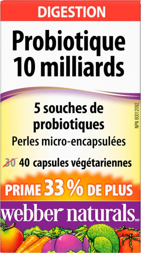 Webber Naturals Probiotic 10 Billion with 5 Probiotic Strains, 40 Vegetarian Capsules