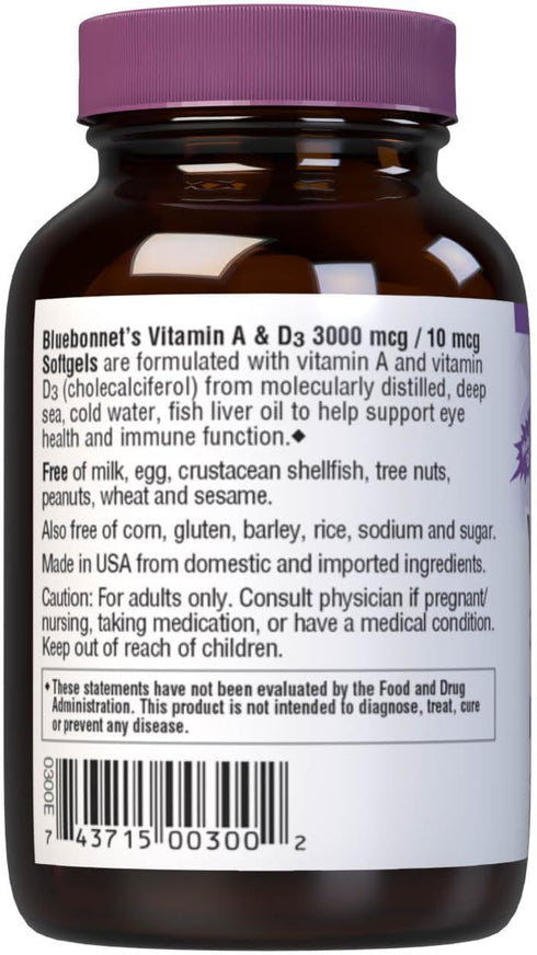 Bluebonnet Nutrition Vitamin A & D3 10,000 IU/400 IU Softgel, 100 Count - Immune Function & Eye Health Support - Gluten