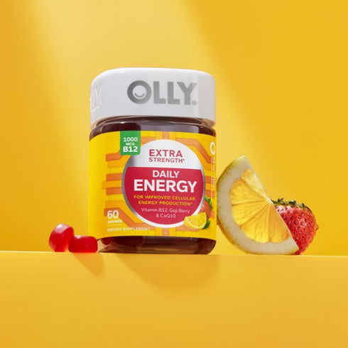 OLLY Extra Strength Daily Energy Gummy, 60 Count, Caffeine Free, 1000mcg Vitamin B12, CoQ10, Berry Yuzu Flavor
