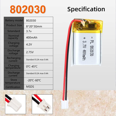 3.7V 400mAh 802030 Lipo Battery, Rechargeable Lithium Polymer Ion Battery Pack with PH2.0mm JST Connector
