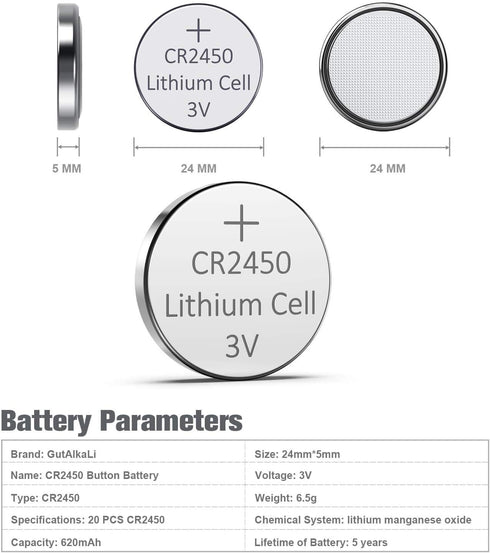 GutAlkaLi CR2450 3V (20 Lithium Battery, Electronic Coin Cell Button for Toys Calculators Watches Pcs)