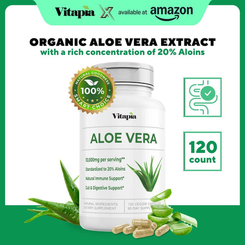 Organic Aloe Vera Capsules, 20% Aloins Supplement, Pure Inner Leaf Gel Concentrate, 120 Count