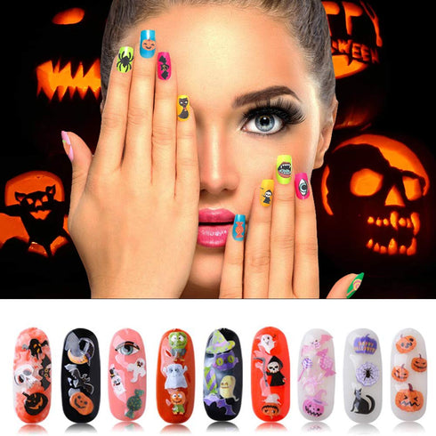 Kalolary 8 Boxes Halloween Nail Art Sequins, 3D Nail Art Decals Stickers for Pumpkin Witch Bat Manicure DIY Decoration