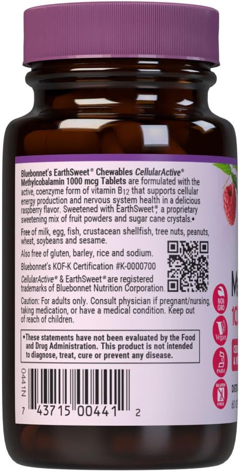 Bluebonnet EarthSweet Methylcobalamin 1,000 mcg Vitamin B12, Vegan, Raspberry Flavor, 60 Chewable Tablets