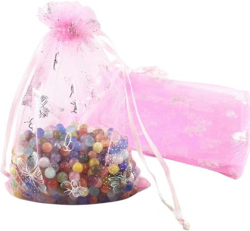 QIANHAILIZZ 5 x 7 Inch 100 Pink Butterfly Organza Jewelry Gift Pouch Candy Pouches Drawstring Wedding Favor Bags