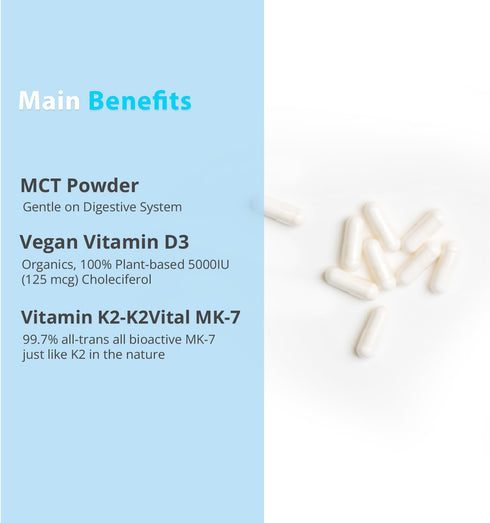 Vitamin D3 K2 with MCT, 5000 IU Vegan D3 & 100 mcg MK7 K2, 60 Capsules - Support for Strong Bones and Immune Health