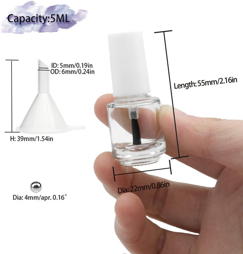 6PCS Empty Nail Polish Bottles with Brush White Cap, 5ML Empty Clear Glass Refillable Nail Fingernail Polish Bottles Circle with mixing beads & Funnels, 0.17 OZ by Agidea