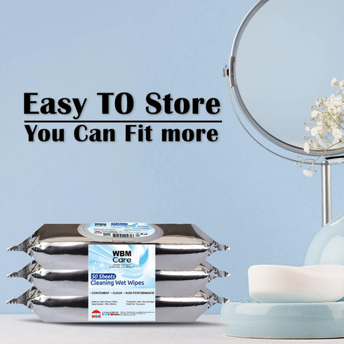 WBM Care Cleaning Wipes, 50 Sheets (Pack of 3), Thick & Strong for Easy Cleaning on All Types of Surfaces
