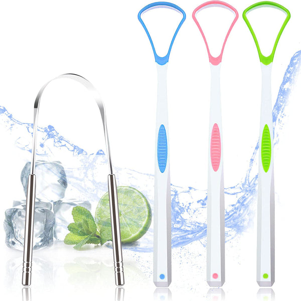 4PCS Stainless Steel Tongue Scrapers, 100% BPA Free Oral Hygiene Brushes, Reusable for Bad Breath