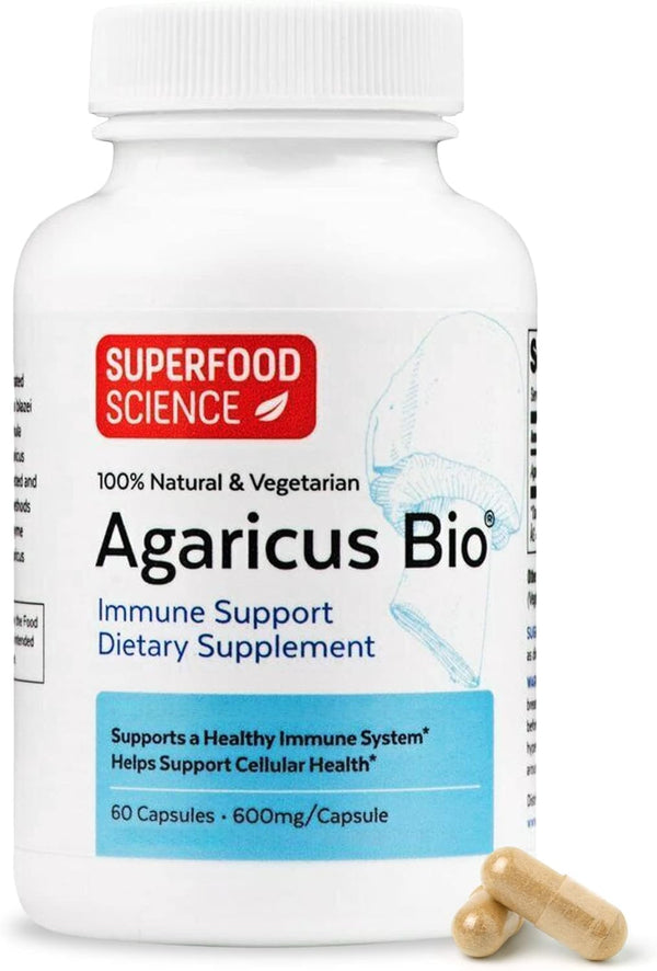 Agaricus Bio 600 mg Wellness Formula - Organic Agaricus Blazei Murill Mushroom Pills for Immune Support, 60 Caps