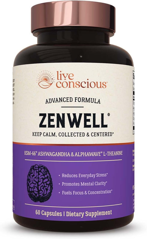 Live Conscious KSM-66 Ashwagandha Supplement with L Theanine & AlphaWave, 60 Capsules for Stress Relief & Brain Health