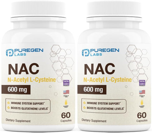 Puregen Labs N-Acetyl-L-Cysteine (NAC) 600mg, Immune and Respiratory Support, Antioxidant, 120 Veggie Capsules