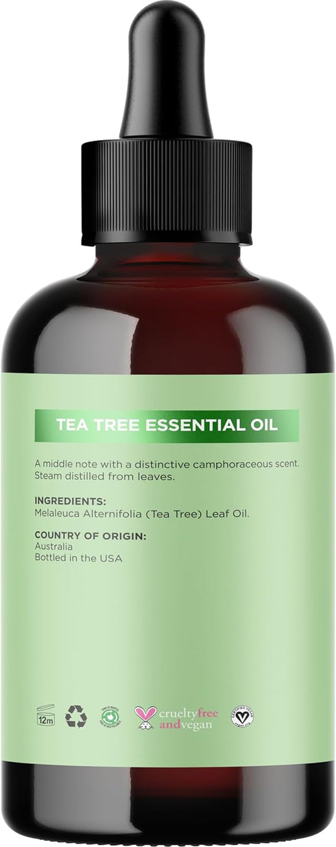 Pure Tea Tree Oil for Hair, Skin, and Nails - 100% Pure Essential Oil with Dropper for Aromatherapy - 4 Fl Oz