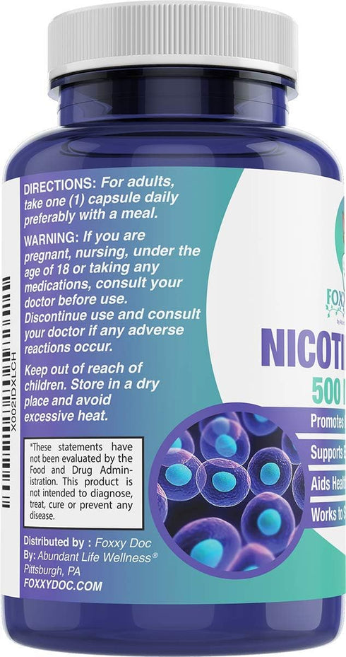 Nicotinamide 500 mg - Vitamin B3 – Energy; Cell & Skin Health - Flush-Free - 120 Veggie Caps by Foxxy Doc