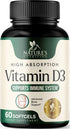 Vitamin D3 Supplement 5000iu (125 mcg), High Potency, Rapid Absorption Softgel, 60 Softgels