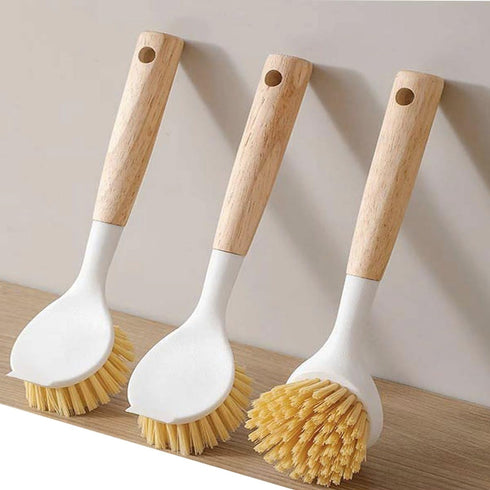 JININQ 3 Pack Set Dish Brush with Bamboo Handle,Dish Scrubber Built-in Scraper, Scrub Brush for Pans, Pots, Kitchen