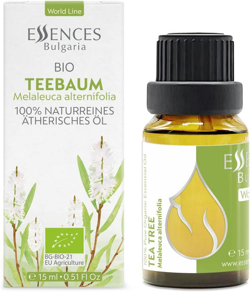 Essences Bulgaria Organic Tea Tree Essential Oil 0.51Fl Oz 15ml Melaleuca Alternifolia - 100% Pure and Natural Undiluted for Toenail Fungus, Dandruff Itchy Scalp Acne Skincare Aromatherapy Diffuser