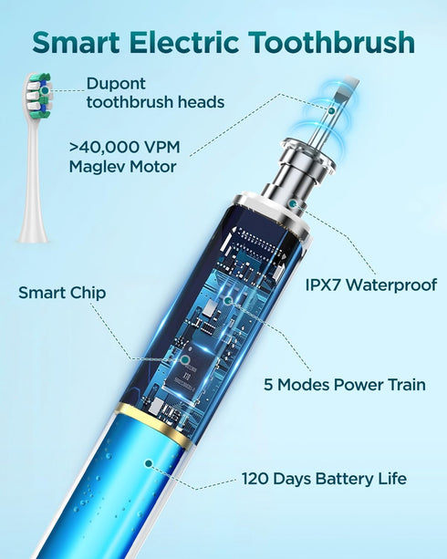 Electric Toothbrush Set with 8 Brush Heads, IPX7, Rechargeable Sonic Toothbrush for Adults, Travel Case, 5 Modes, Timer