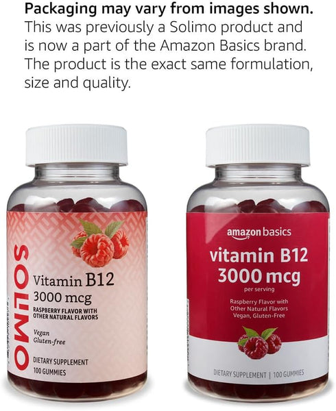 Amazon Basics Vitamin B12 3000 mcg Gummies, 200 Count (2 Packs of 100), Raspberry, Normal Energy Production and