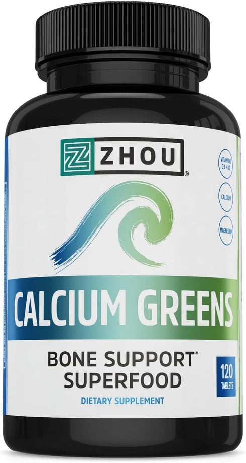 Zhou Nutrition Calcium Greens - Bone Support Superfood, Calcium Magnesium Supplement from Algae, 120 Tablets