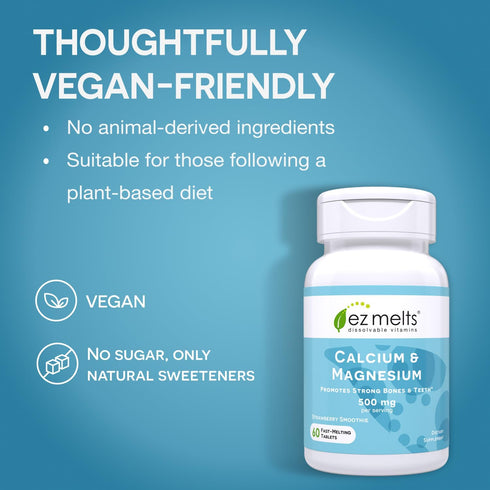 EZ Melts Dissolvable Calcium & Magnesium Supplement with Vitamin D3, Sugar-Free, 1-Month Supply