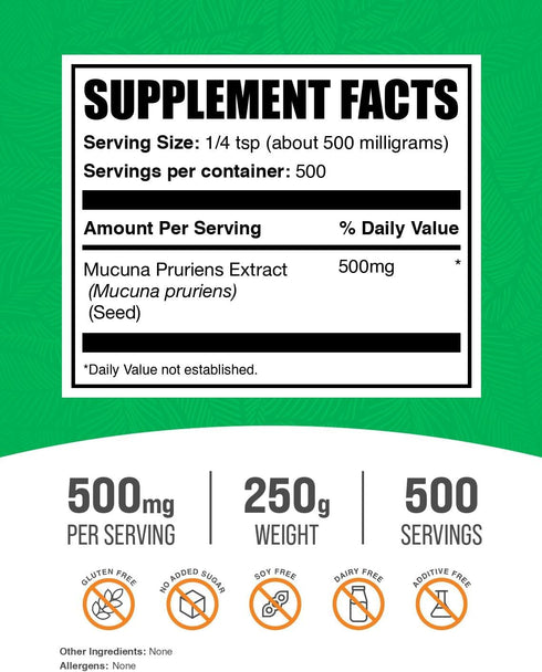 BulkSupplements.com Mucuna Pruriens Extract Powder (Vegan & Gluten Free, 500mg per Serving, 250g)