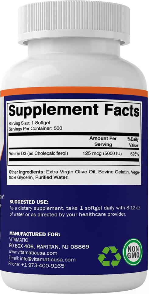Vitamatic Vitamin D3 5000 IU (125 mcg) - 500 Softgels (Olive Oil Based) - 500 Days Supply for Healthy Muscle Function &