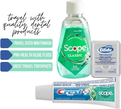 Dental Travel Kit, Travel Toothbrush, Toothpaste, Mouthwash and Floss in Reusable Zipper Pouch