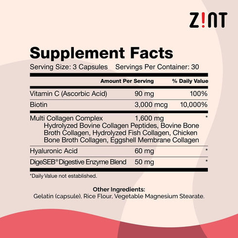 Zint Multi Collagen Pills - Hydrolyzed Collagen Supplements for Hair, Skin, Nails & Joint Health (90 Count)