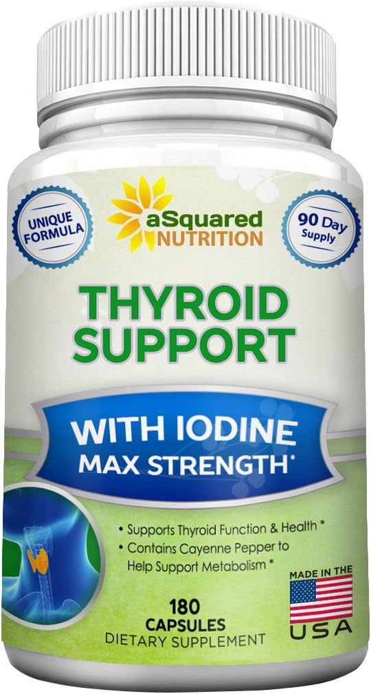 aSquared Nutrition Premium Thyroid Support Supplement with Iodine - 180 Capsules, Herbal & Vitamin Complex