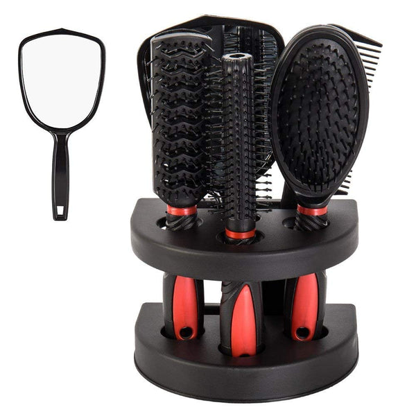 Set of 5 Professional Salon Hair Combs, Hair Cutting Brushes, Hairdressing Styling Tool Mirror and Holder Stand
