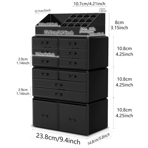 Readaeer Makeup Cosmetic Organizer with 12 Drawers, Storage Display Boxes Case (Black)