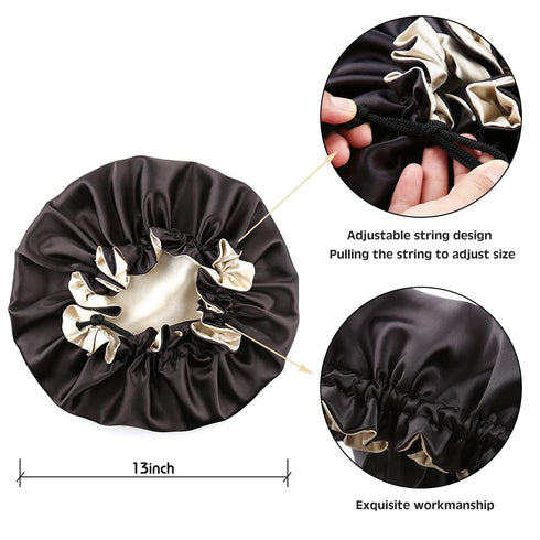 Satin Bonnet for Women | Large Sleeping Cap for Long Curly Hair | Adjustable Night Cap (Double Layer Black/Champagne)