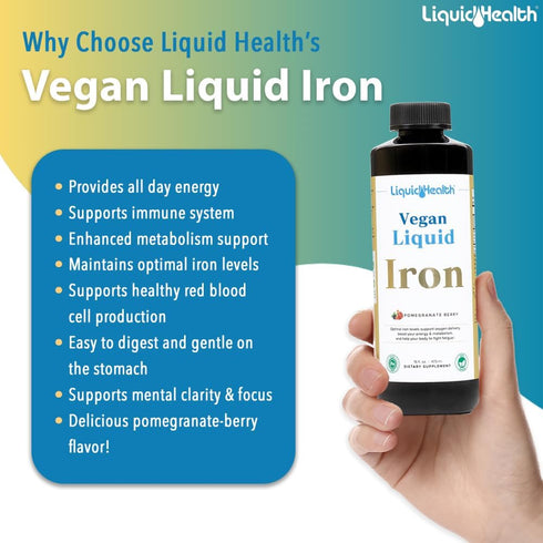 LIQUIDHEALTH Vegan Liquid Iron Supplement with SunActive & Ferrochel Iron, Natural Energy & Immune Support, 16 oz
